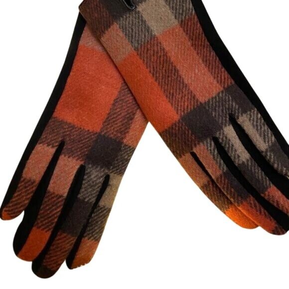 2/$30 Plaid Touchscreen Winter Gloves One Size Soft & Warm Orange/Brown - Picture 6 of 8